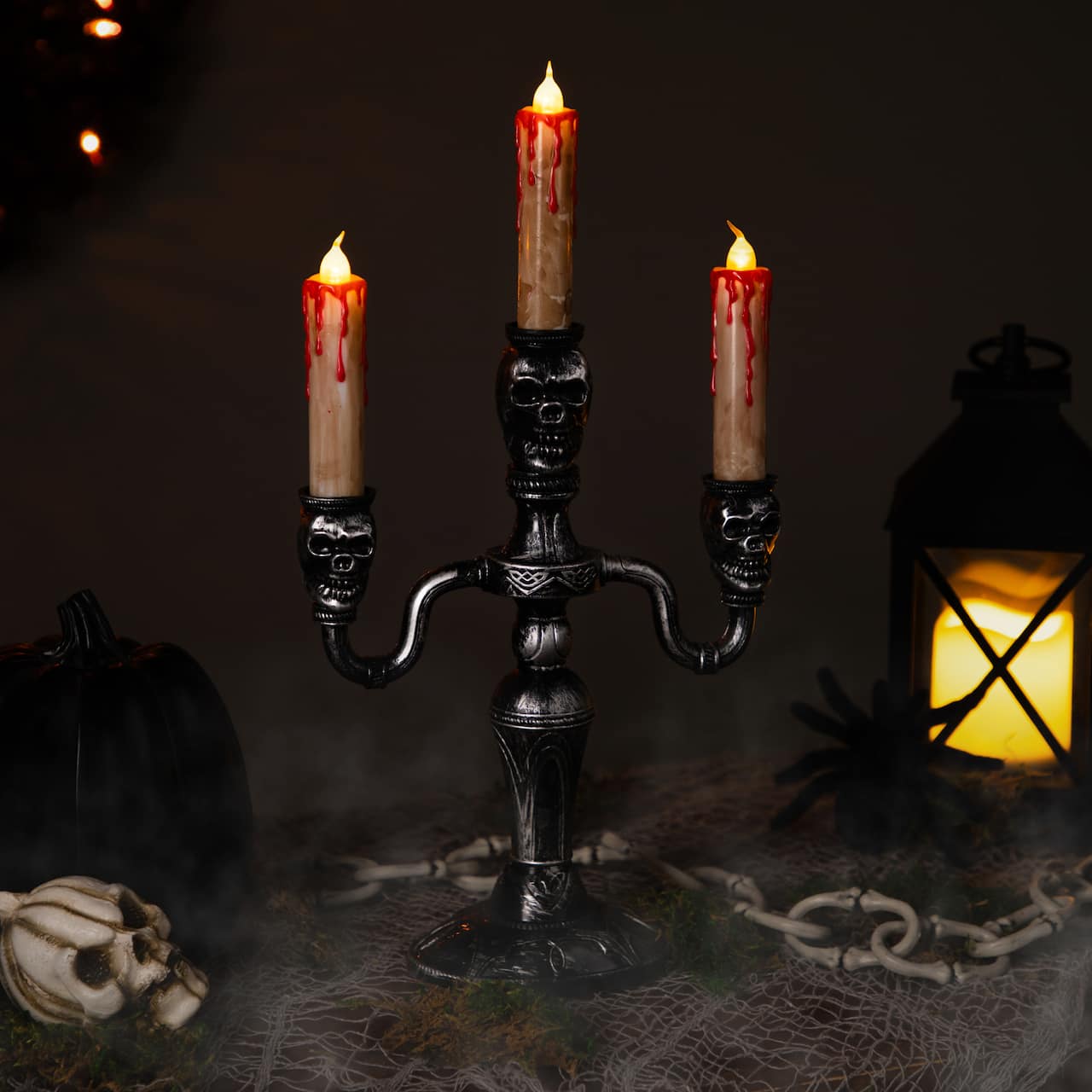 14" Antique Silver Skull Trio Halloween Candelabra Décor